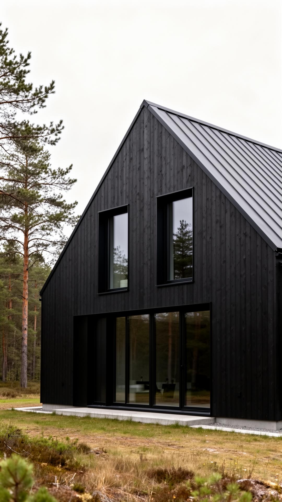 Modern Nordic barn house with charcoal vertical timber cladding and pitched dark roof in Latvian pine forest