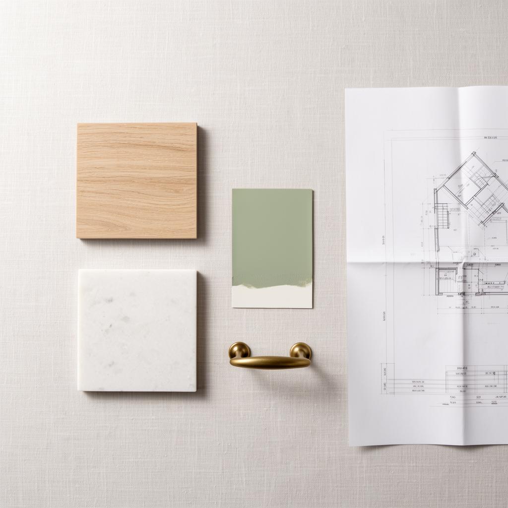 Material samples: oak, sage paint, white stone tile, brass handle, paper plan